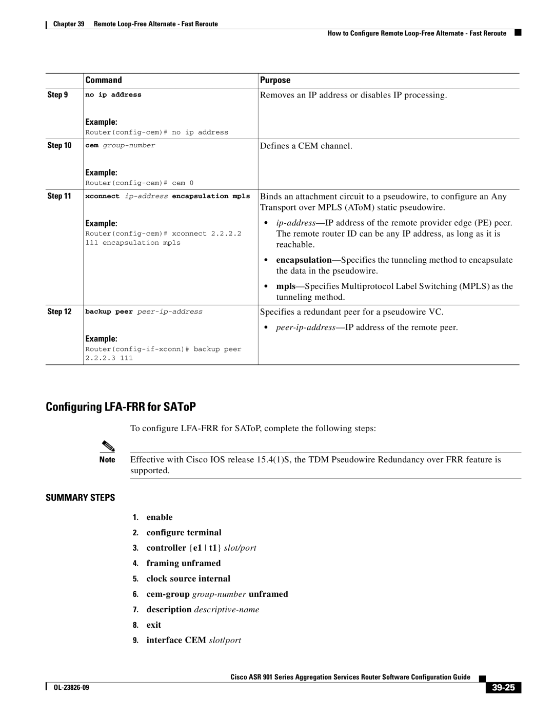 Cisco Systems A9014CFD manual Configuring LFA-FRR for SAToP, Exit Interface CEM slot/port, 39-25 