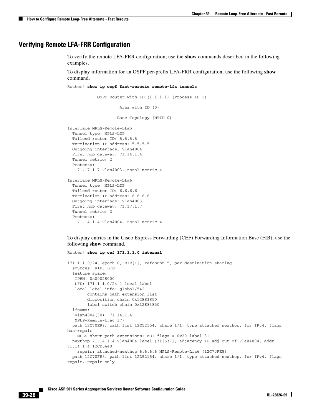 Cisco Systems A9014CFD Verifying Remote LFA-FRR Configuration, 39-28, Router# show ip ospf fast-reroute remote-lfa tunnels 