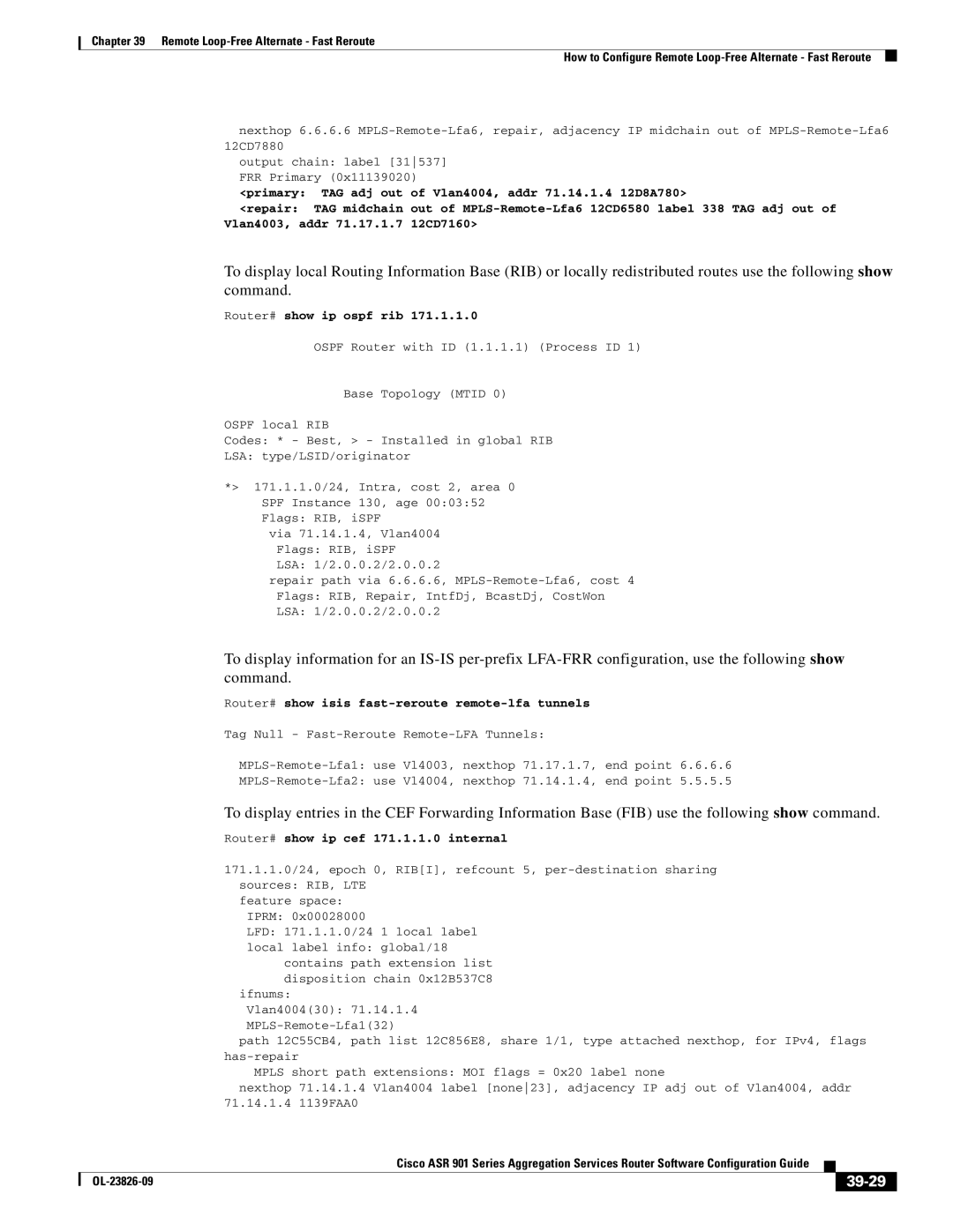 Cisco Systems A9014CFD manual 39-29, Router# show ip ospf rib, Router# show isis fast-reroute remote-lfa tunnels 