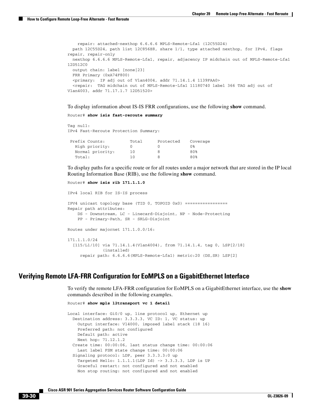 Cisco Systems A9014CFD manual 39-30, Router# show isis rib, Router# show mpls l2transport vc 1 detail 