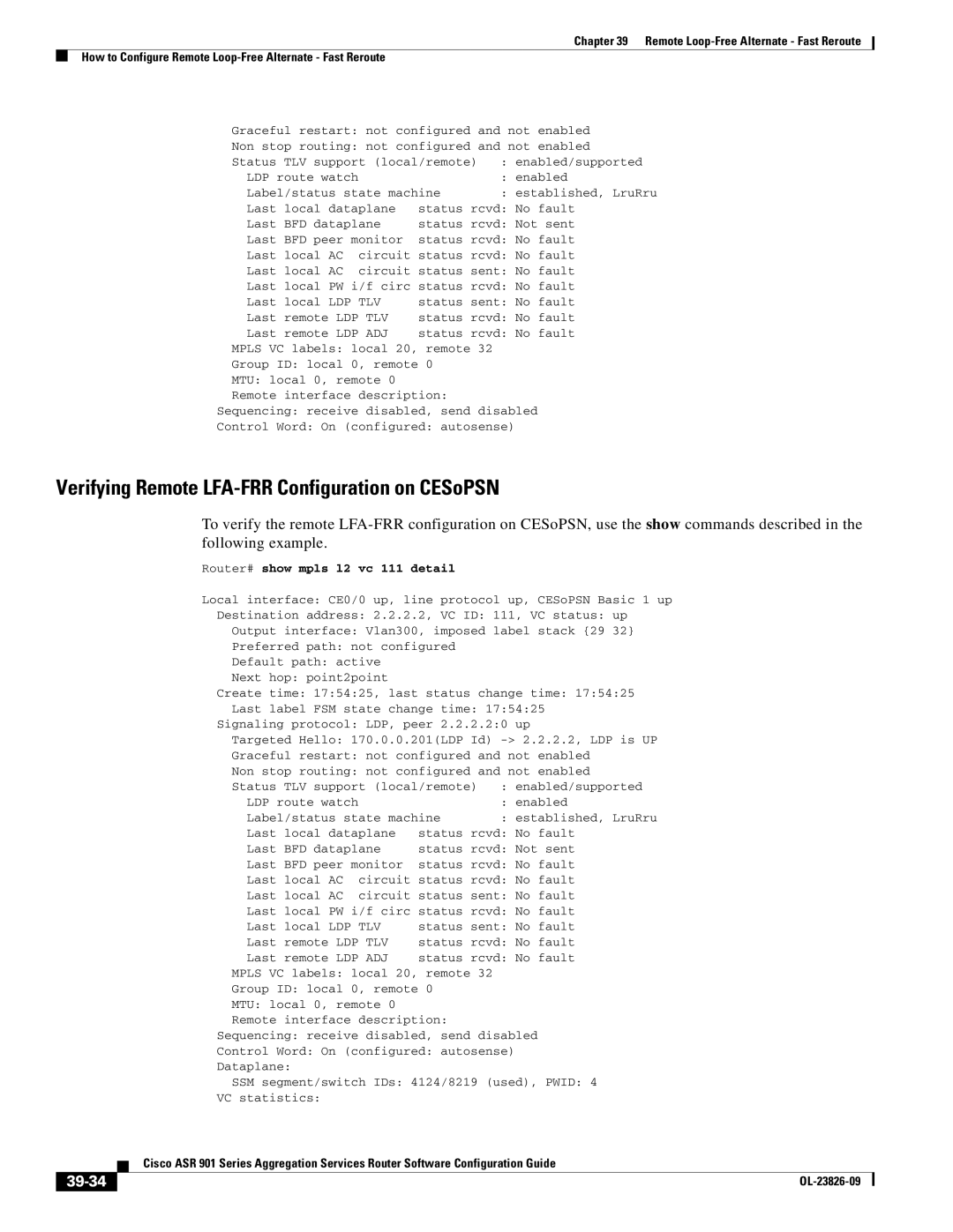 Cisco Systems A9014CFD manual Verifying Remote LFA-FRR Configuration on CESoPSN, 39-34, Router# show mpls l2 vc 111 detail 