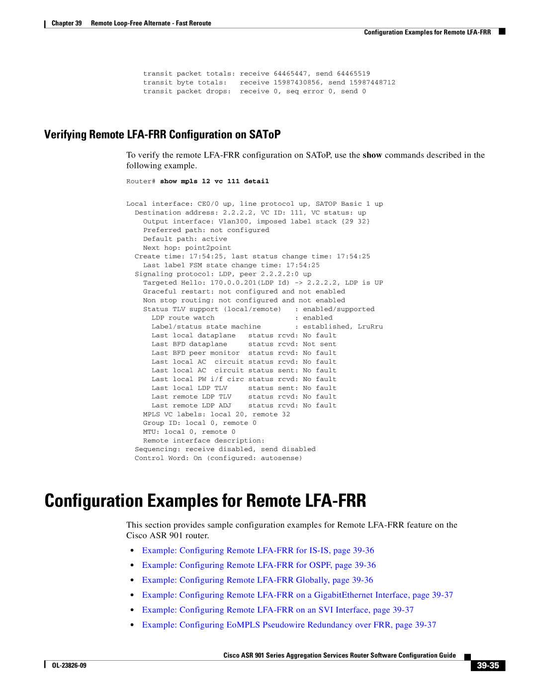 Cisco Systems A9014CFD Configuration Examples for Remote LFA-FRR, Verifying Remote LFA-FRR Configuration on SAToP, 39-35 