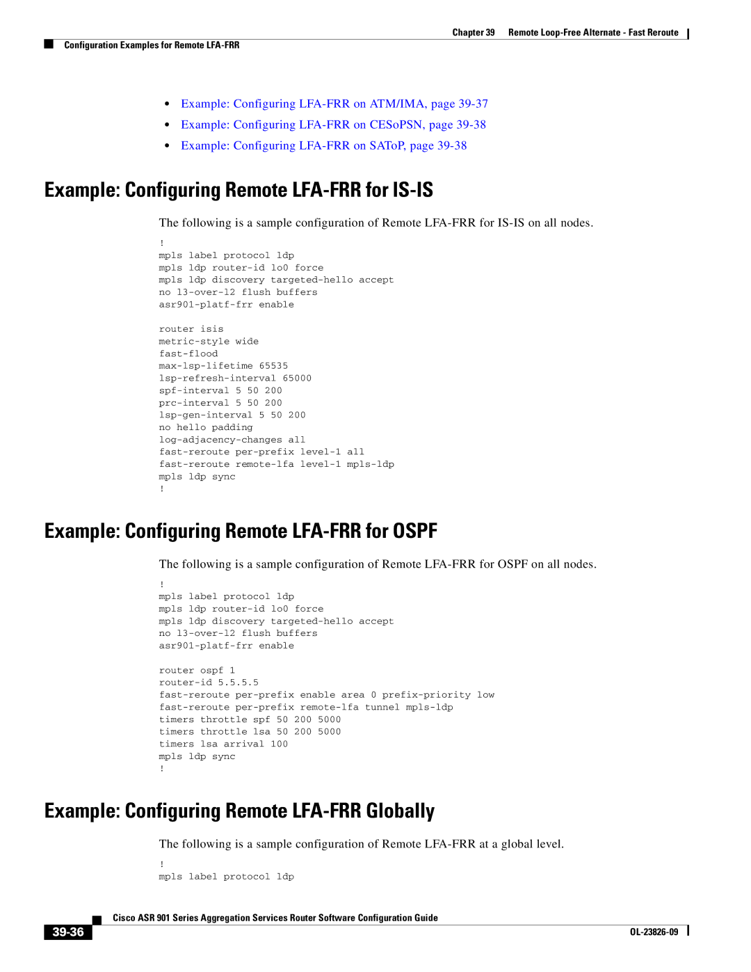 Cisco Systems A9014CFD Example Configuring Remote LFA-FRR for IS-IS, Example Configuring Remote LFA-FRR for Ospf, 39-36 