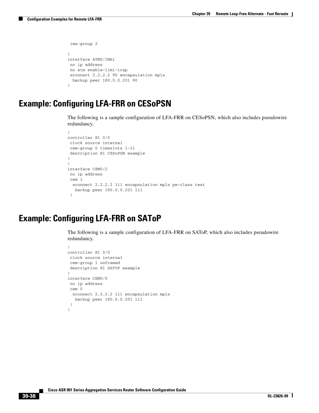 Cisco Systems A9014CFD manual Example Configuring LFA-FRR on CESoPSN, Example Configuring LFA-FRR on SAToP, 39-38 