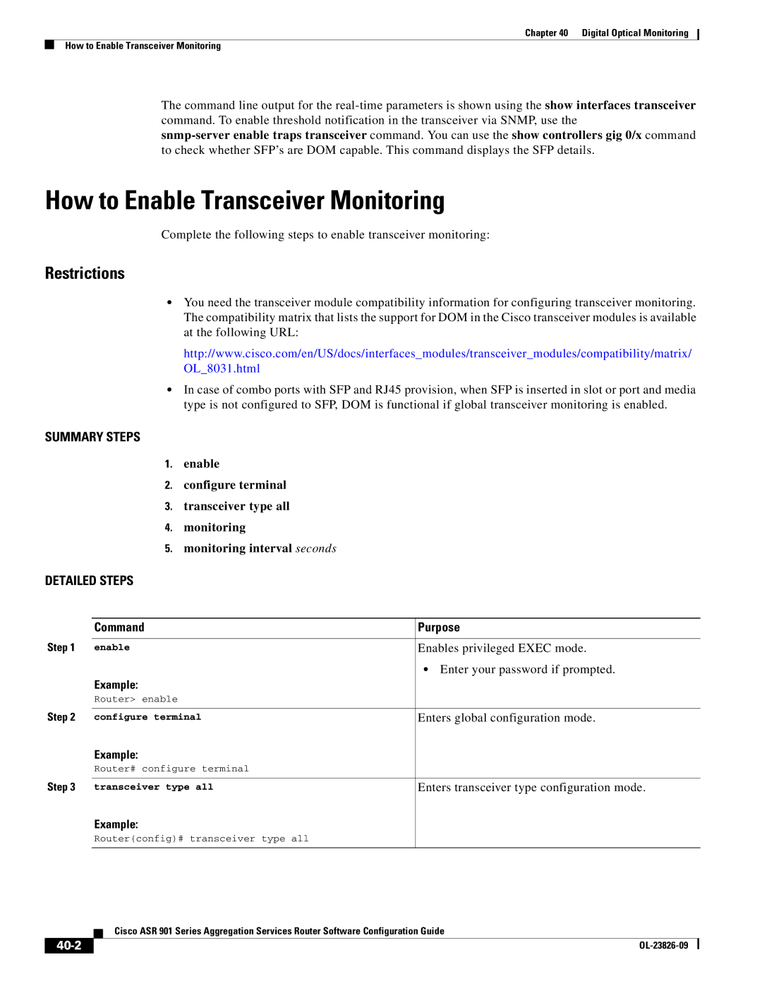 Cisco Systems A9014CFD manual How to Enable Transceiver Monitoring, Enters transceiver type configuration mode, 40-2 