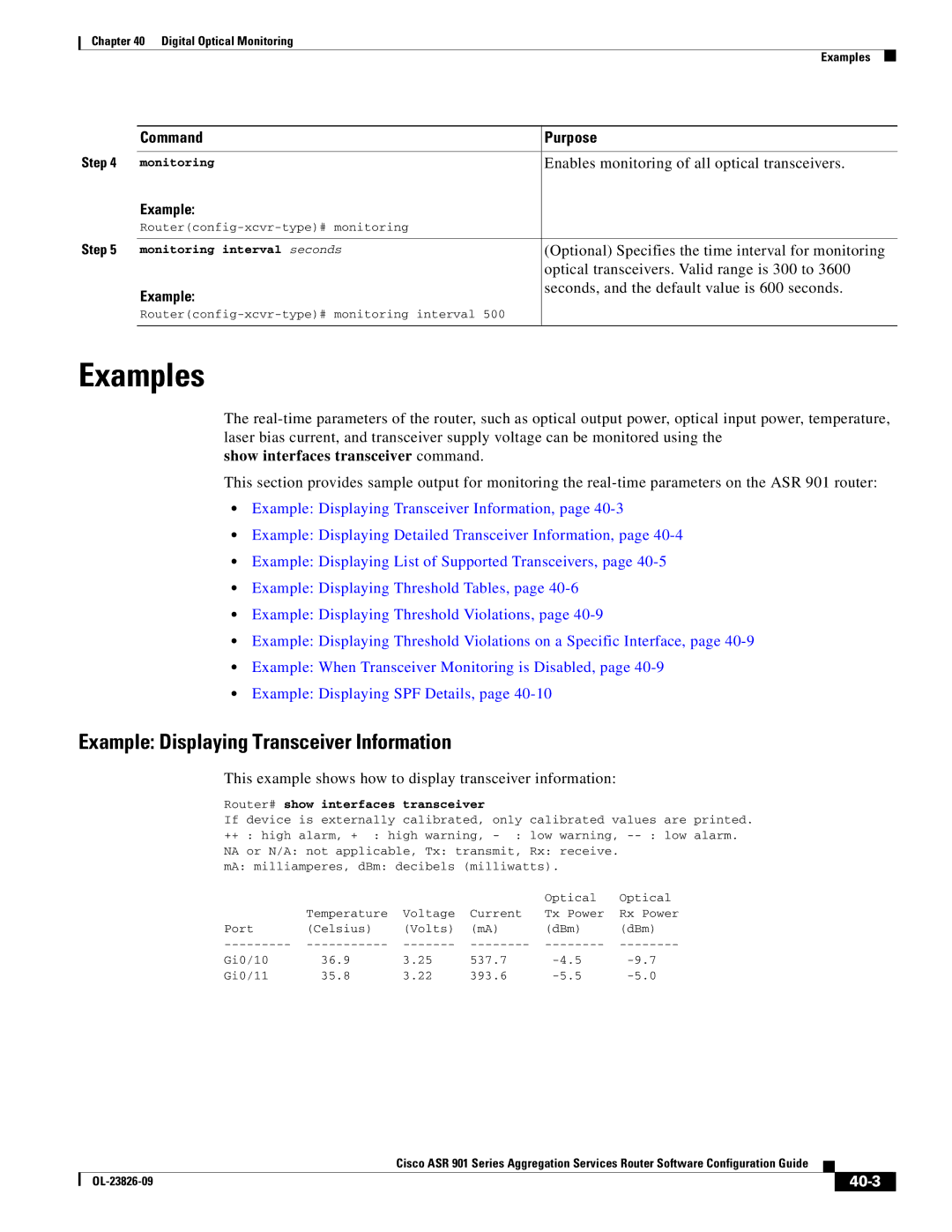 Cisco Systems A9014CFD Examples, Example Displaying Transceiver Information, Show interfaces transceiver command, 40-3 