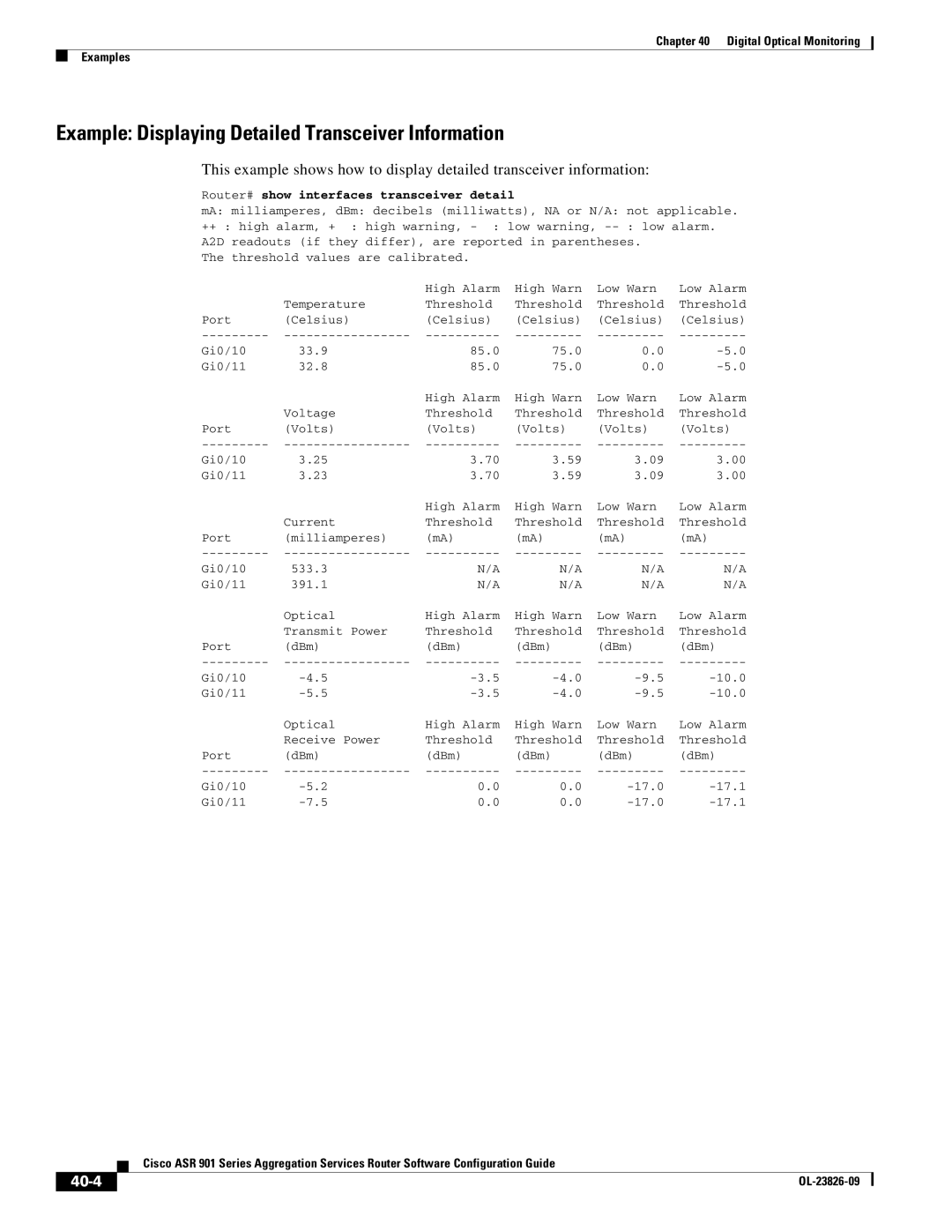 Cisco Systems A9014CFD manual Example Displaying Detailed Transceiver Information, 40-4 