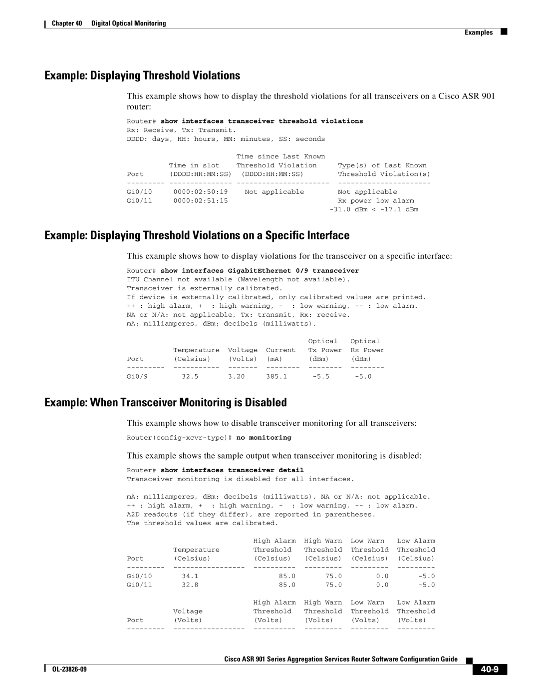 Cisco Systems A9014CFD Example Displaying Threshold Violations, Example When Transceiver Monitoring is Disabled, 40-9 