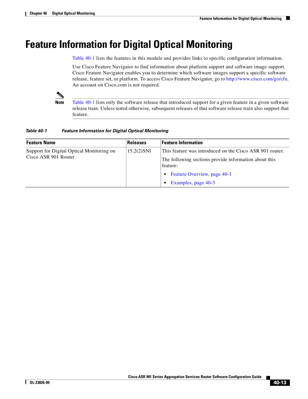 Cisco Systems A9014CFD manual Feature Information for Digital Optical Monitoring, 40-13 