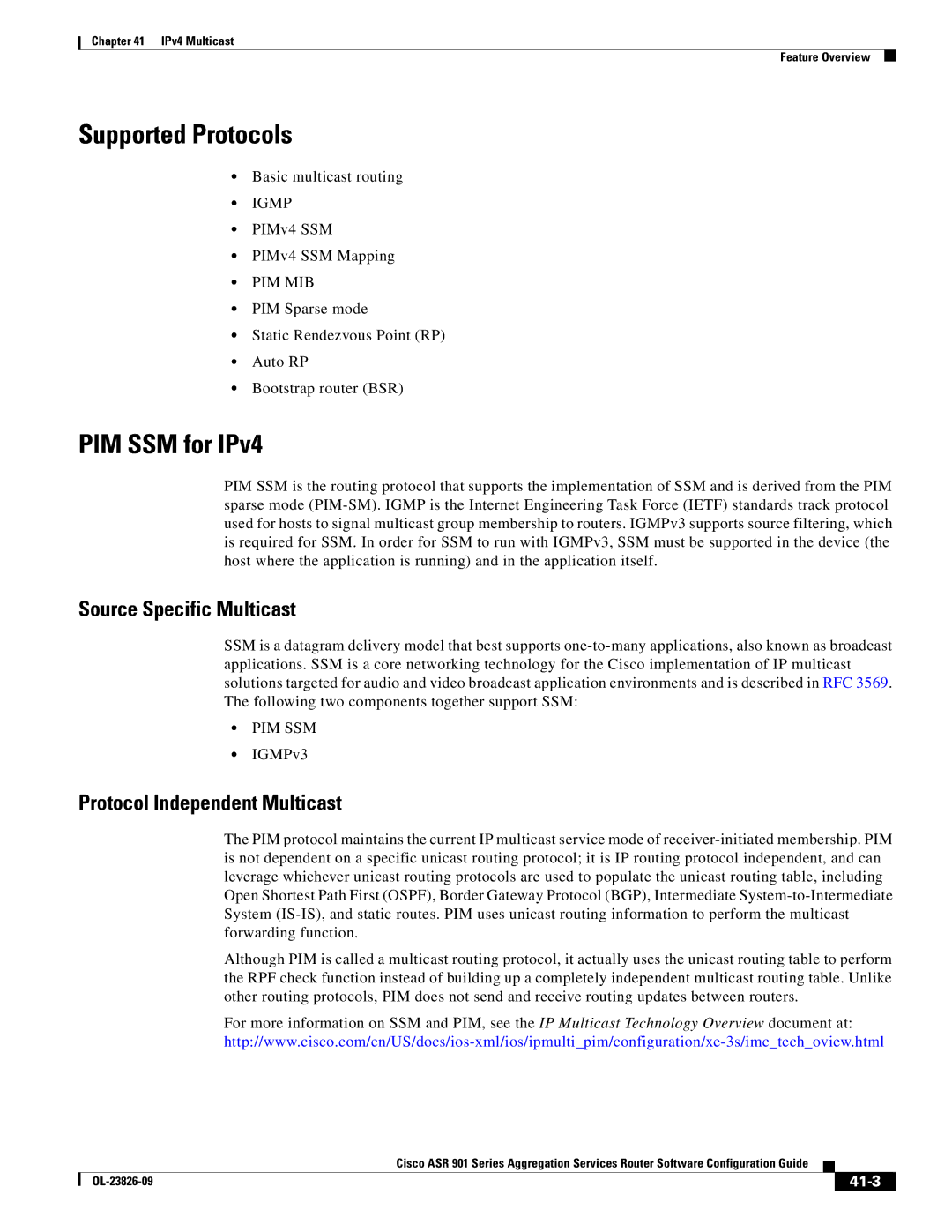 Cisco Systems A9014CFD Supported Protocols, PIM SSM for IPv4, Source Specific Multicast, Protocol Independent Multicast 