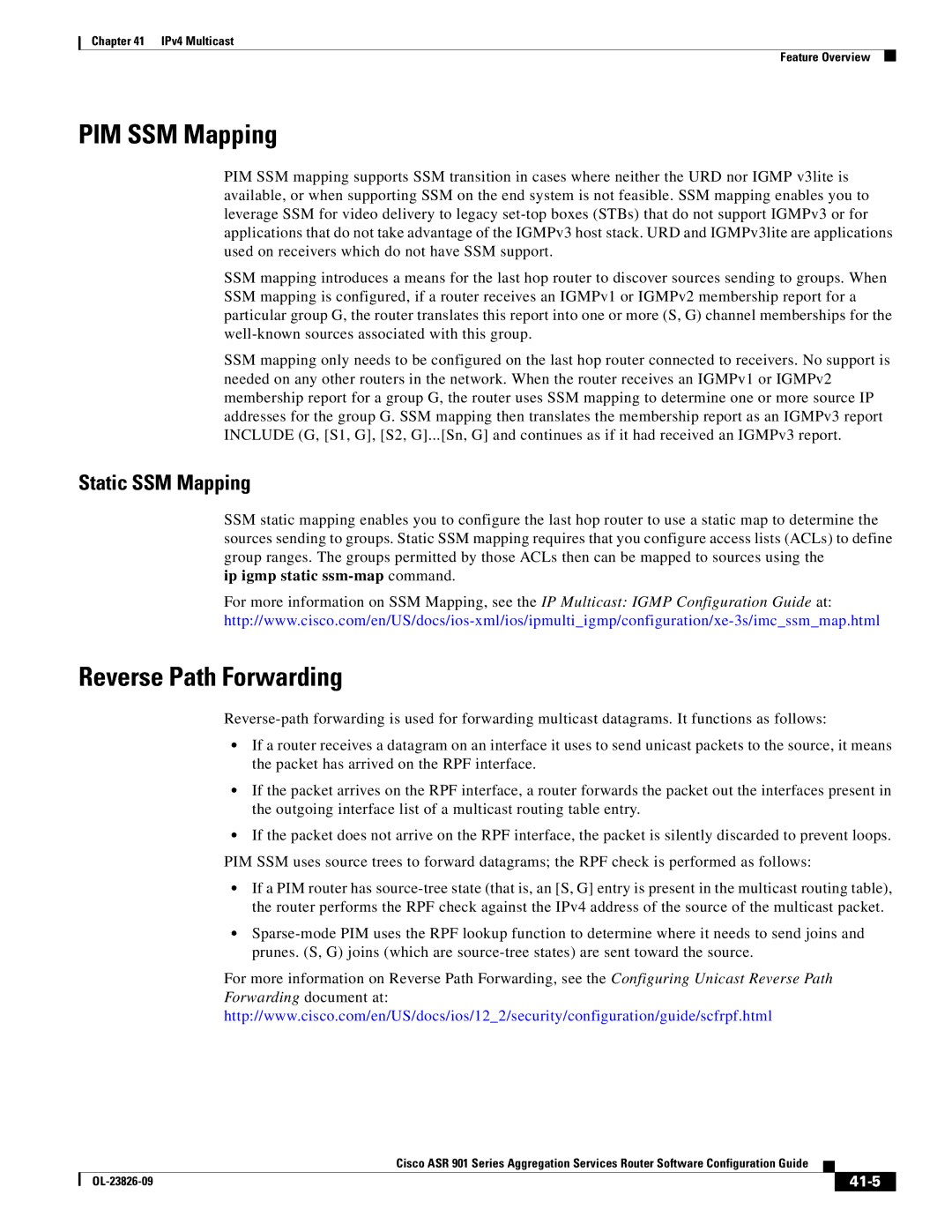 Cisco Systems A9014CFD PIM SSM Mapping, Reverse Path Forwarding, Static SSM Mapping, Ip igmp static ssm-map command, 41-5 