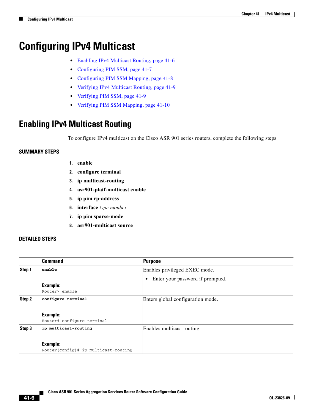 Cisco Systems A9014CFD manual Configuring IPv4 Multicast, Enabling IPv4 Multicast Routing, Enables multicast routing, 41-6 