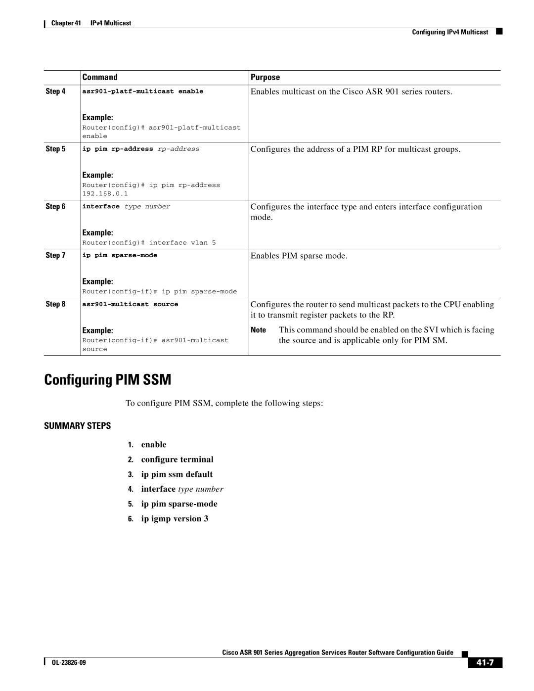 Cisco Systems A9014CFD manual Configuring PIM SSM, Enable Configure terminal Ip pim ssm default, 41-7 