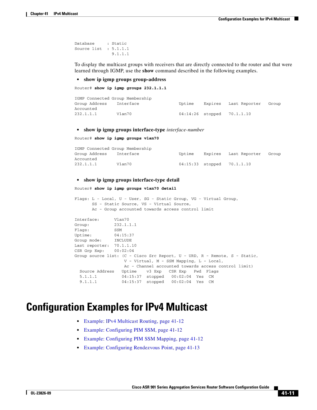 Cisco Systems A9014CFD manual Configuration Examples for IPv4 Multicast, Show ip igmp groups group-address, 41-11 