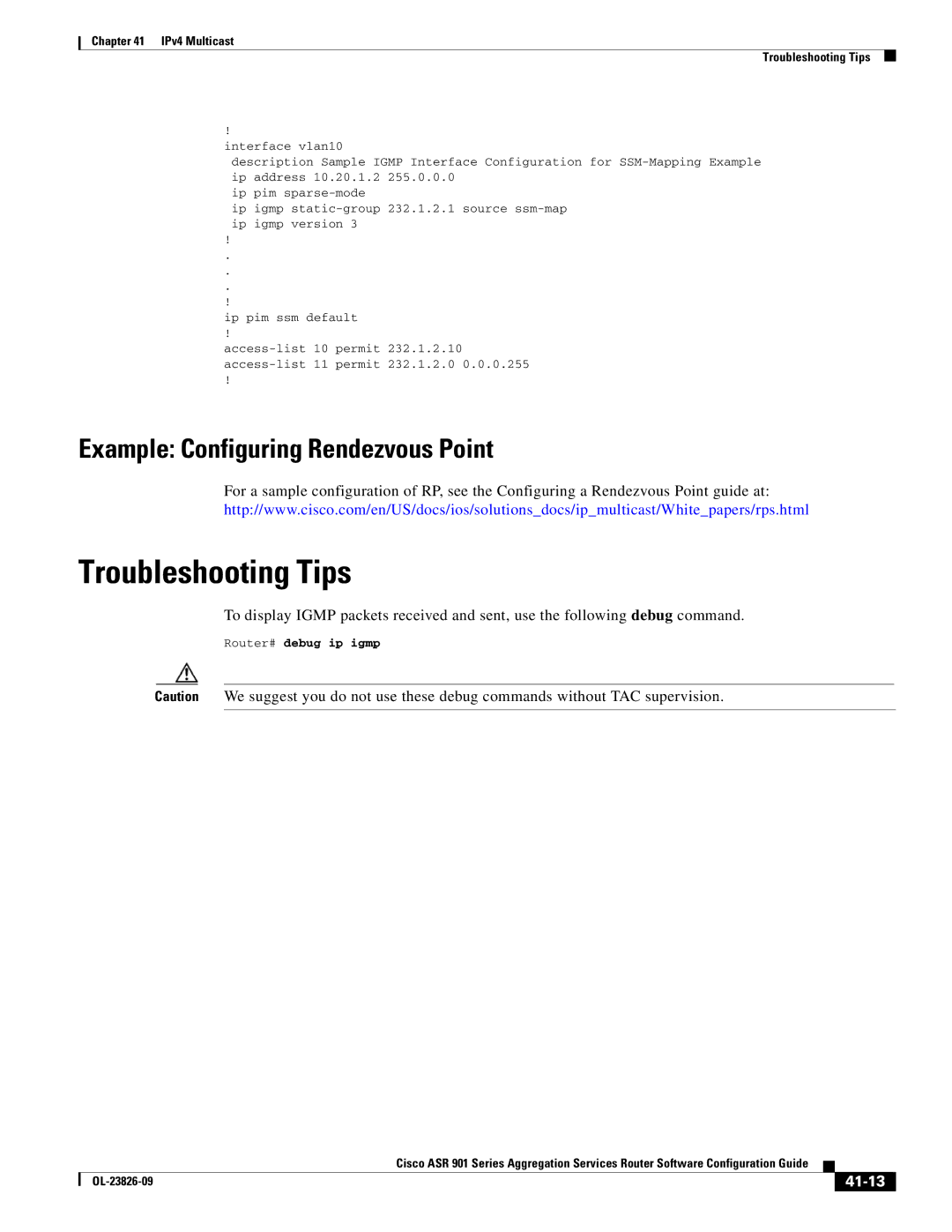 Cisco Systems A9014CFD manual Example Configuring Rendezvous Point, 41-13, Router# debug ip igmp 