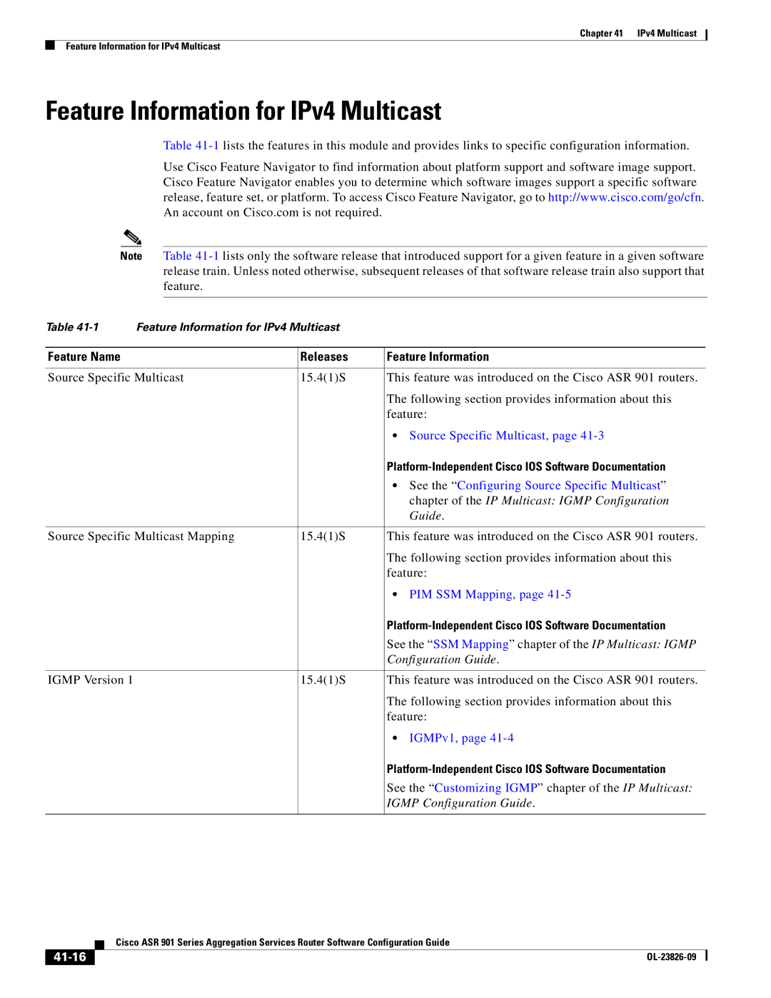 Cisco Systems A9014CFD manual Feature Information for IPv4 Multicast, 41-16 