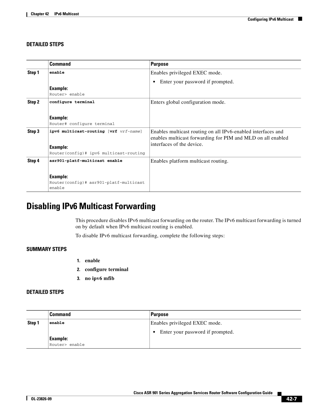 Cisco Systems A9014CFD manual Disabling IPv6 Multicast Forwarding, Enable Configure terminal No ipv6 mfib, 42-7 