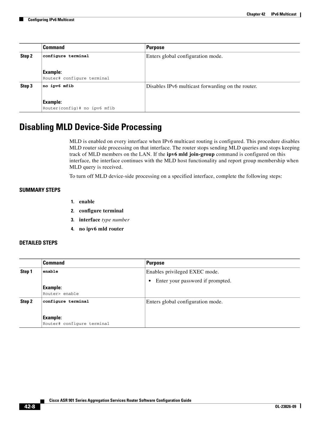 Cisco Systems A9014CFD manual Disabling MLD Device-Side Processing, Disables IPv6 multicast forwarding on the router, 42-8 