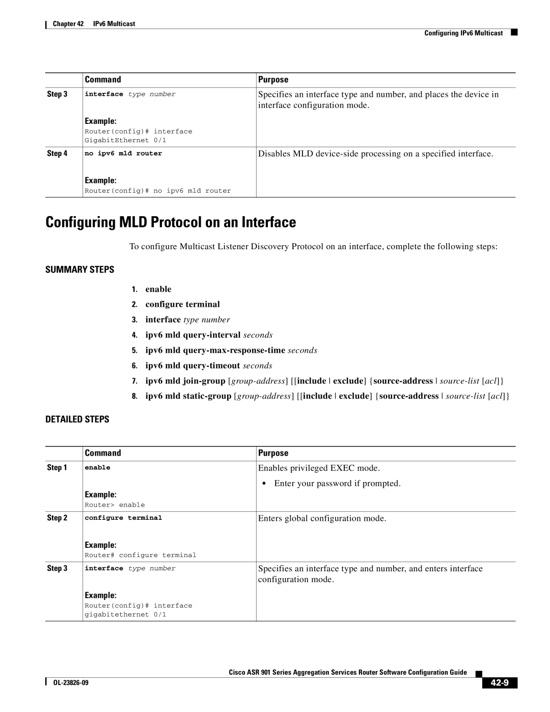 Cisco Systems A9014CFD manual Configuring MLD Protocol on an Interface, 42-9, No ipv6 mld router 