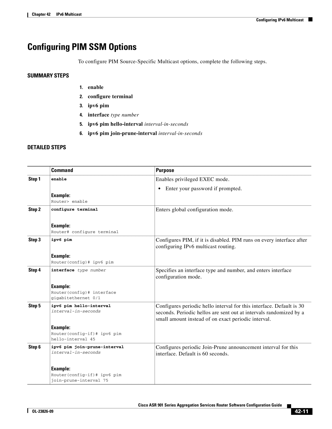 Cisco Systems A9014CFD manual Configuring PIM SSM Options, Enable Configure terminal Ipv6 pim, 42-11 