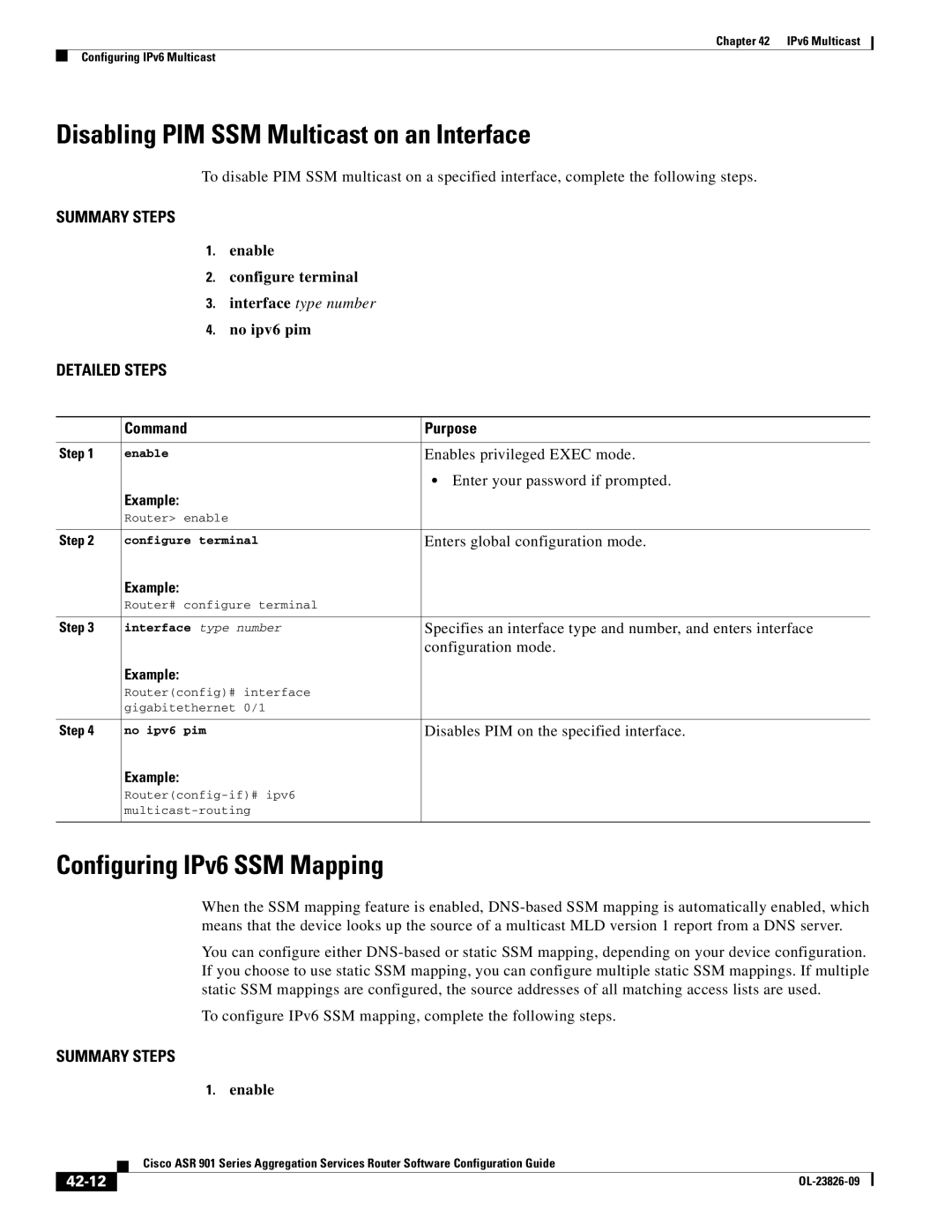 Cisco Systems A9014CFD manual Disabling PIM SSM Multicast on an Interface, Configuring IPv6 SSM Mapping, No ipv6 pim, 42-12 