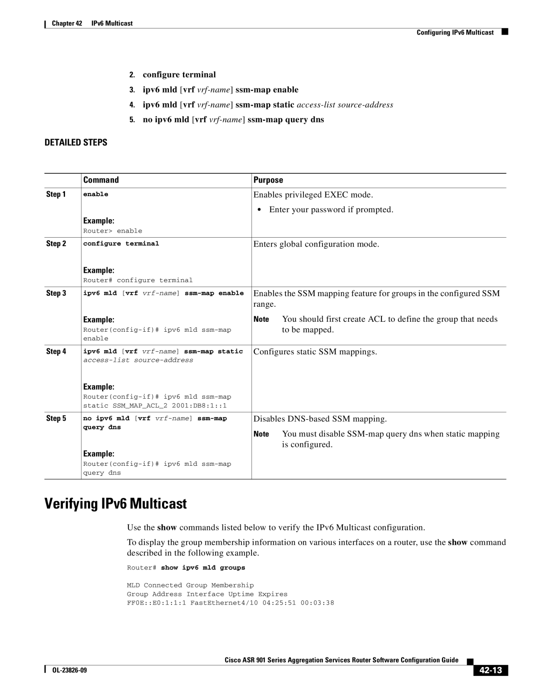 Cisco Systems A9014CFD manual Verifying IPv6 Multicast, Configure terminal Ipv6 mld vrf vrf-namessm-map enable, 42-13 