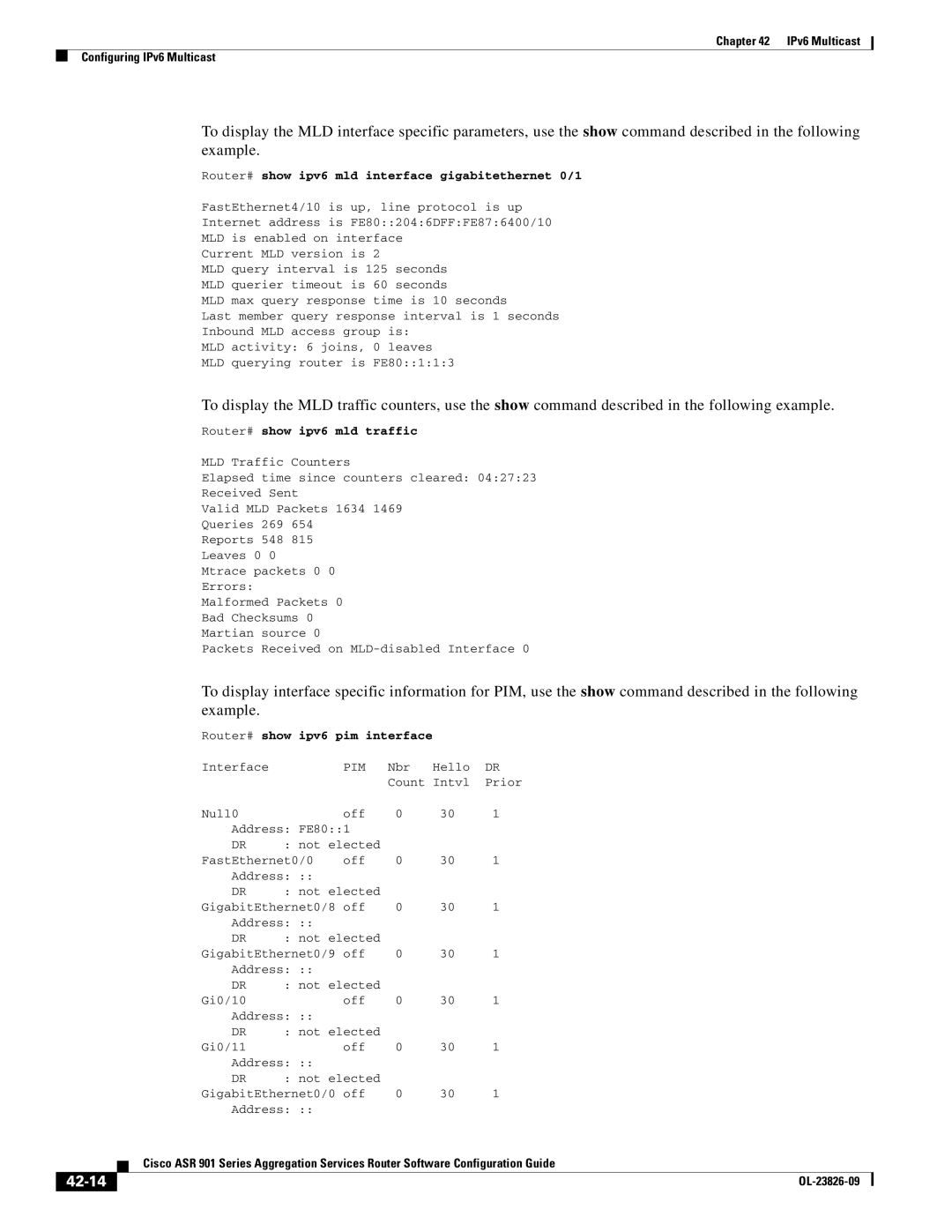 Cisco Systems A9014CFD manual 42-14, Router# show ipv6 mld interface gigabitethernet 0/1, Router# show ipv6 mld traffic 