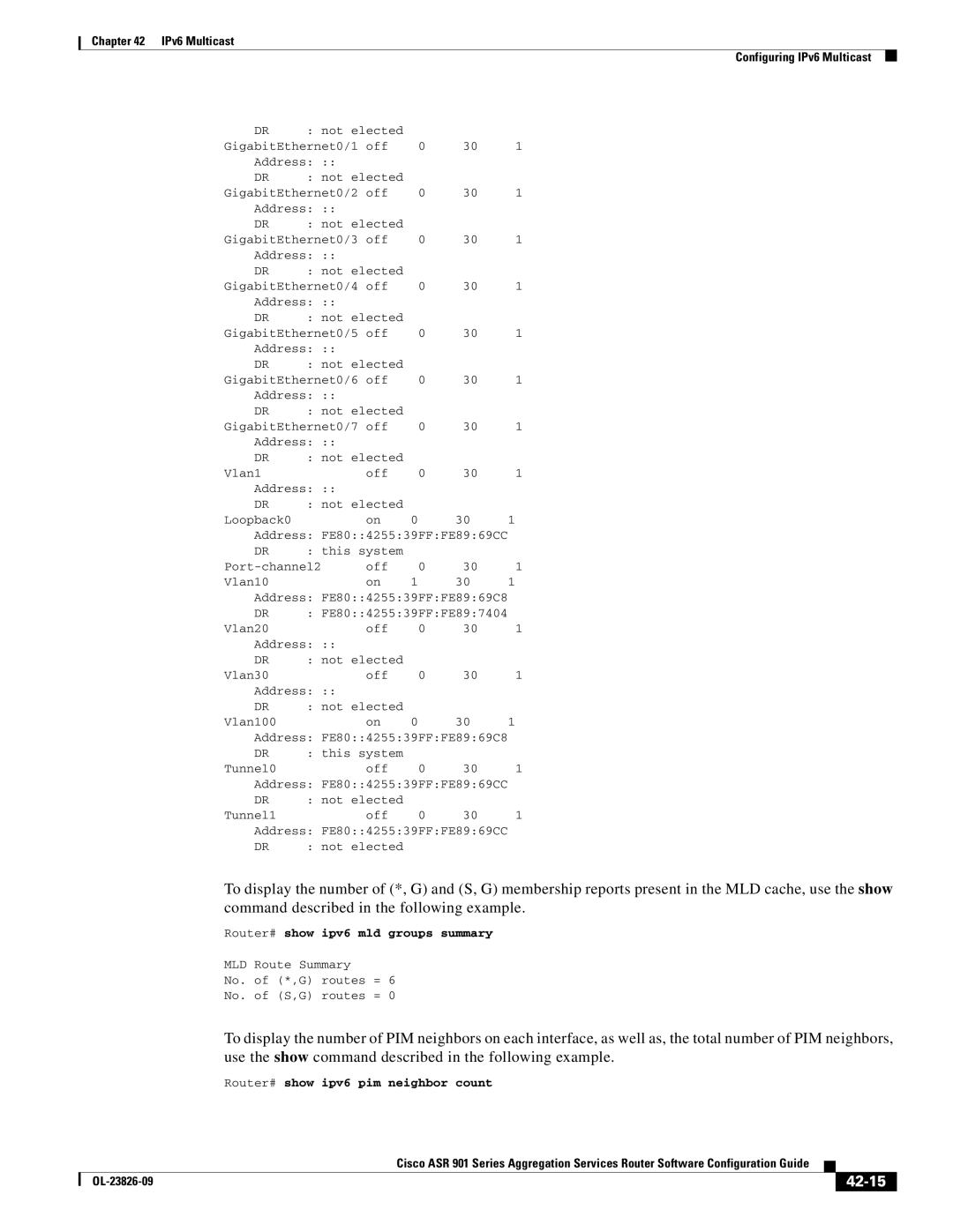 Cisco Systems A9014CFD manual 42-15, Router# show ipv6 mld groups summary, Router# show ipv6 pim neighbor count 