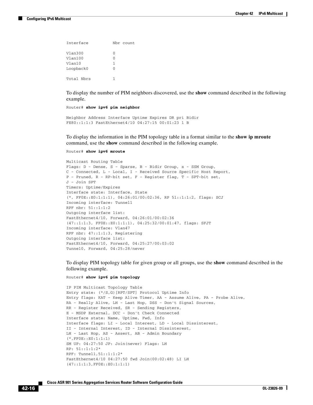 Cisco Systems A9014CFD 42-16, Router# show ipv6 pim neighbor, Router# show ipv6 mroute, Router# show ipv6 pim topology 