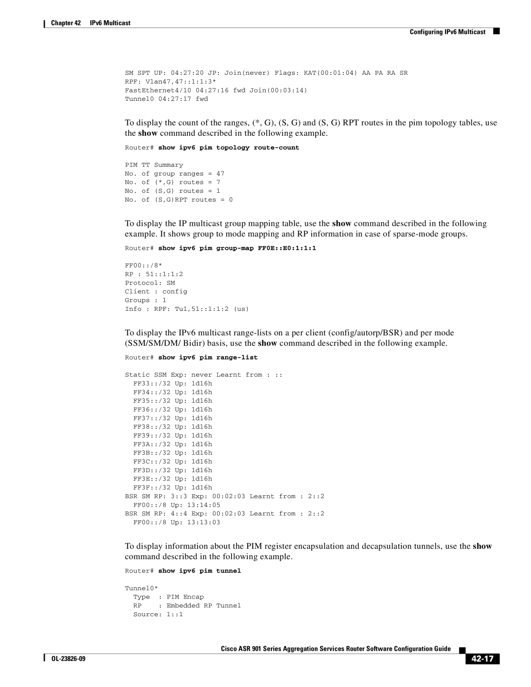 Cisco Systems A9014CFD manual 42-17, Router# show ipv6 pim topology route-count, Router# show ipv6 pim group-map FF0EE0111 