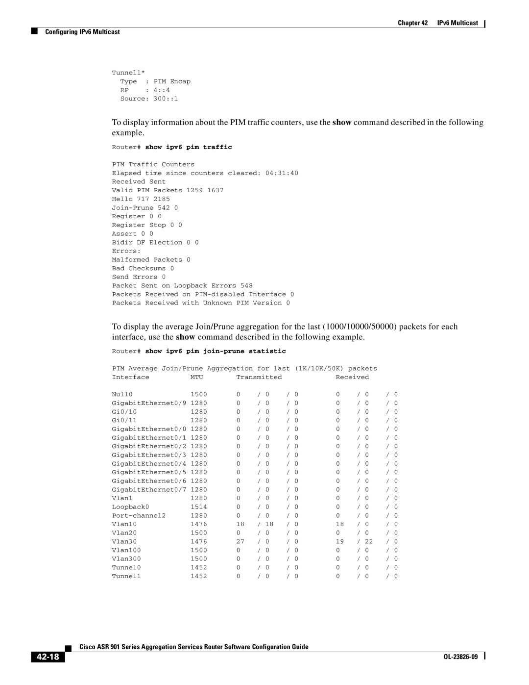 Cisco Systems A9014CFD manual 42-18, Router# show ipv6 pim traffic, Router# show ipv6 pim join-prune statistic 