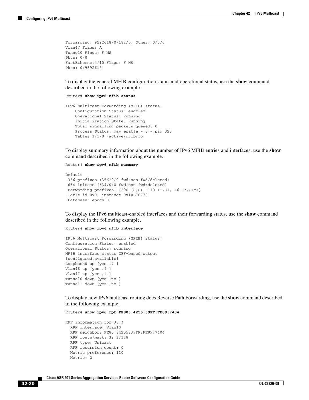 Cisco Systems A9014CFD manual 42-20, Router# show ipv6 mfib status, Router# show ipv6 mfib summary 