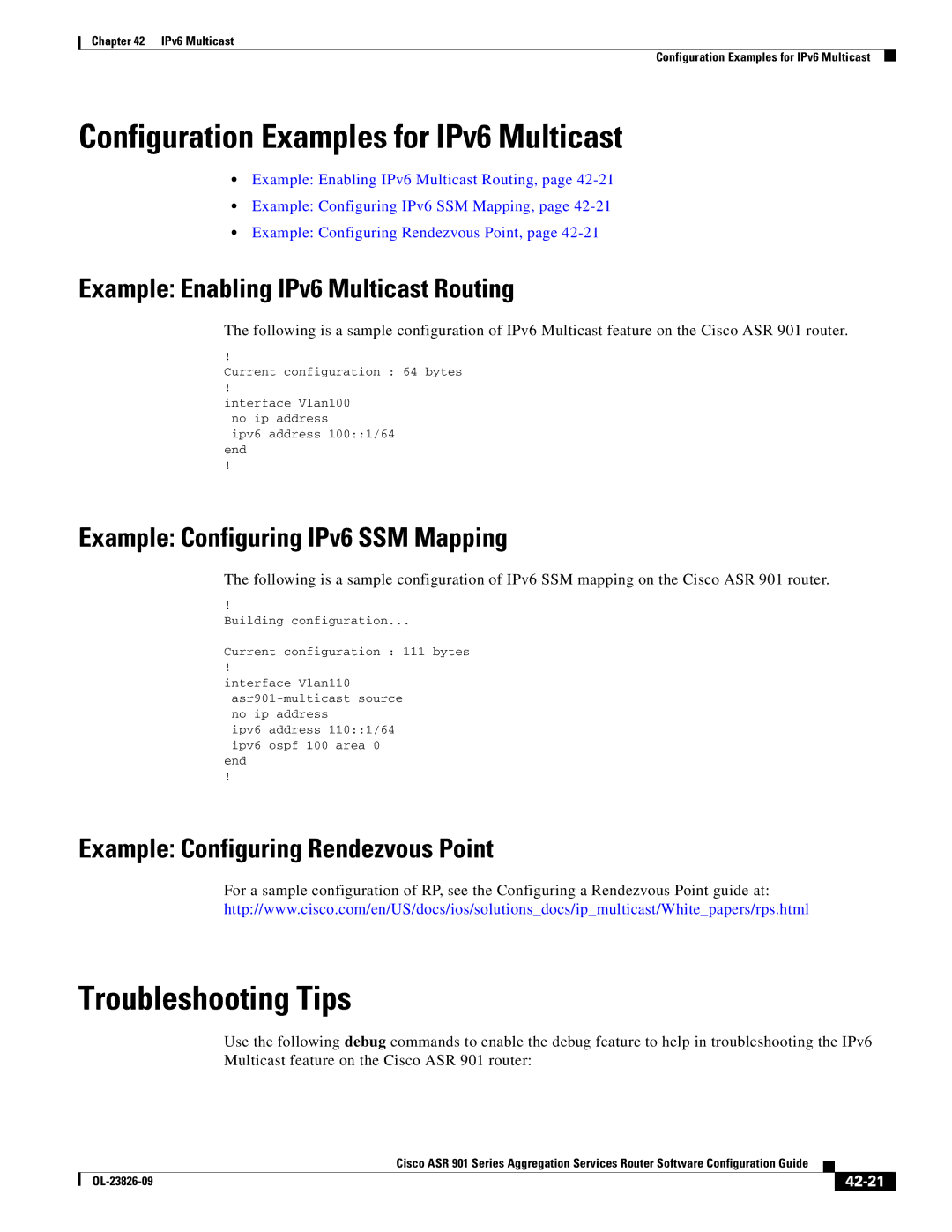 Cisco Systems A9014CFD manual Configuration Examples for IPv6 Multicast, Example Enabling IPv6 Multicast Routing, 42-21 