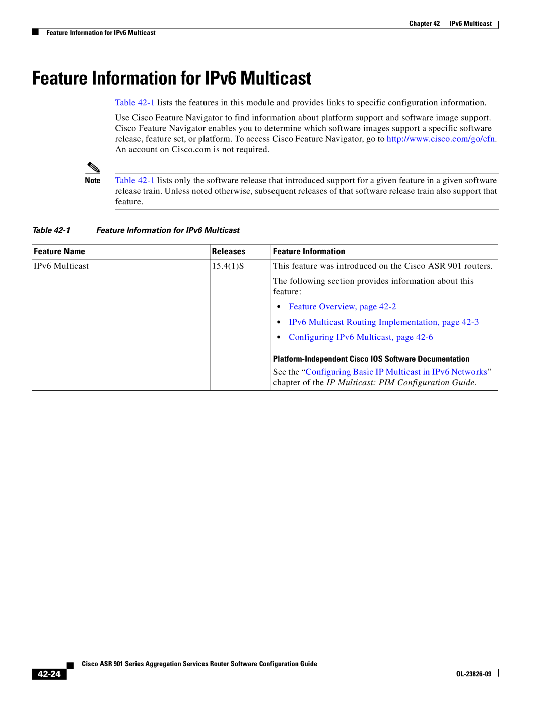 Cisco Systems A9014CFD Feature Information for IPv6 Multicast, Chapter of the IP Multicast PIM Configuration Guide, 42-24 