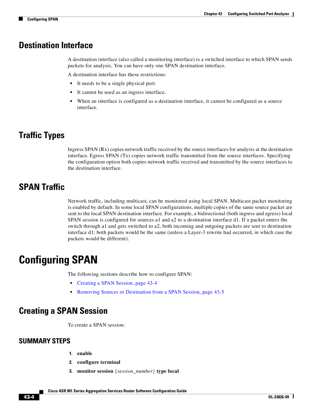 Cisco Systems A9014CFD manual Configuring Span, Destination Interface, Traffic Types, Span Traffic, Creating a Span Session 