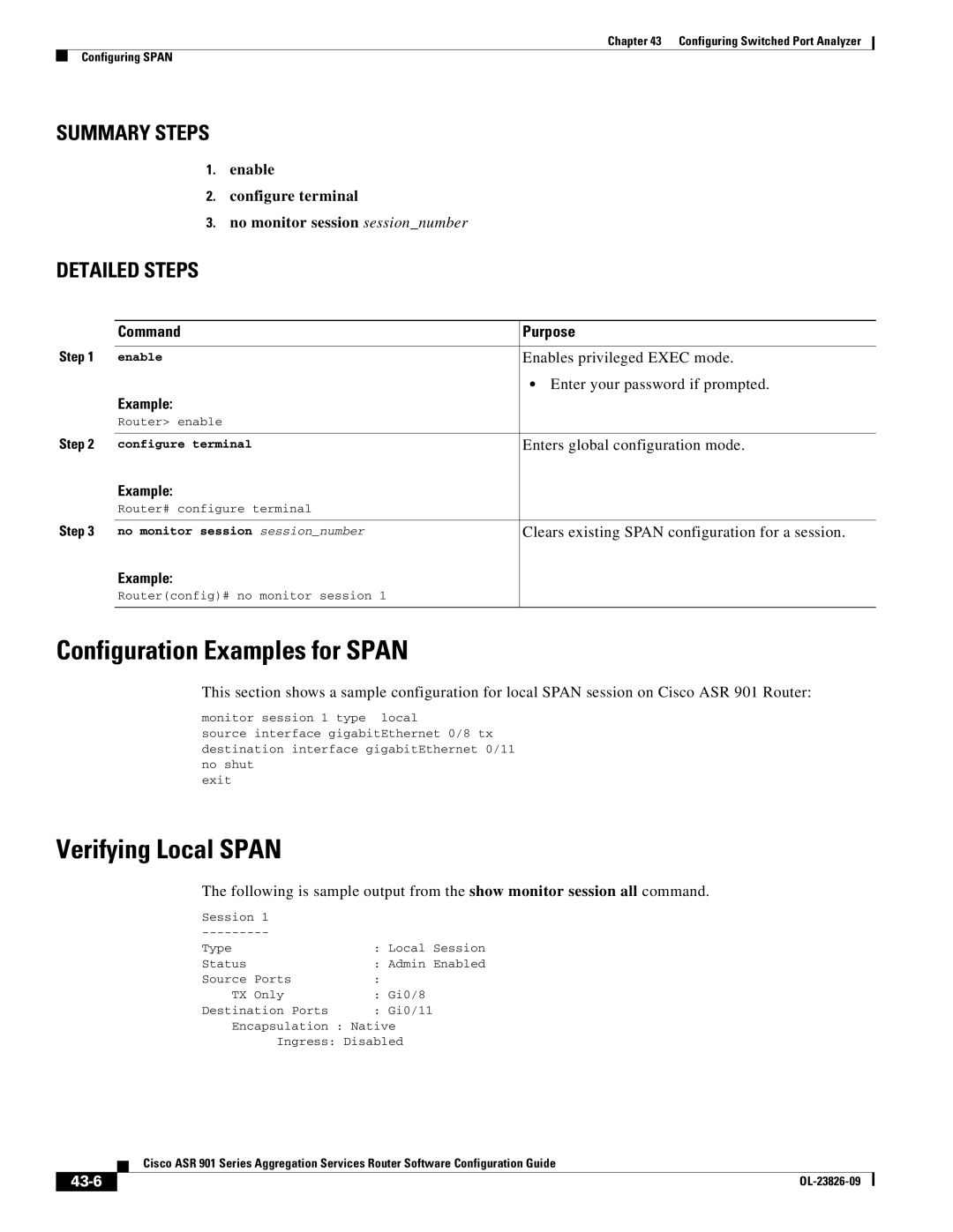 Cisco Systems A9014CFD manual Configuration Examples for Span, Verifying Local Span, 43-6 