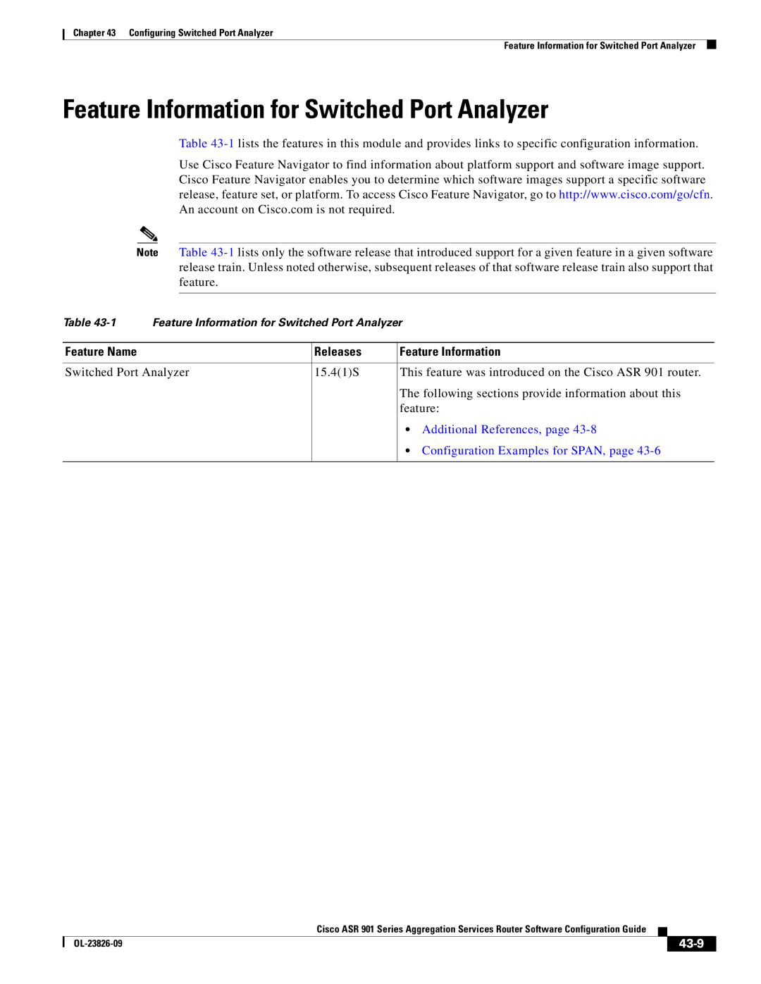 Cisco Systems A9014CFD manual Feature Information for Switched Port Analyzer, 43-9 