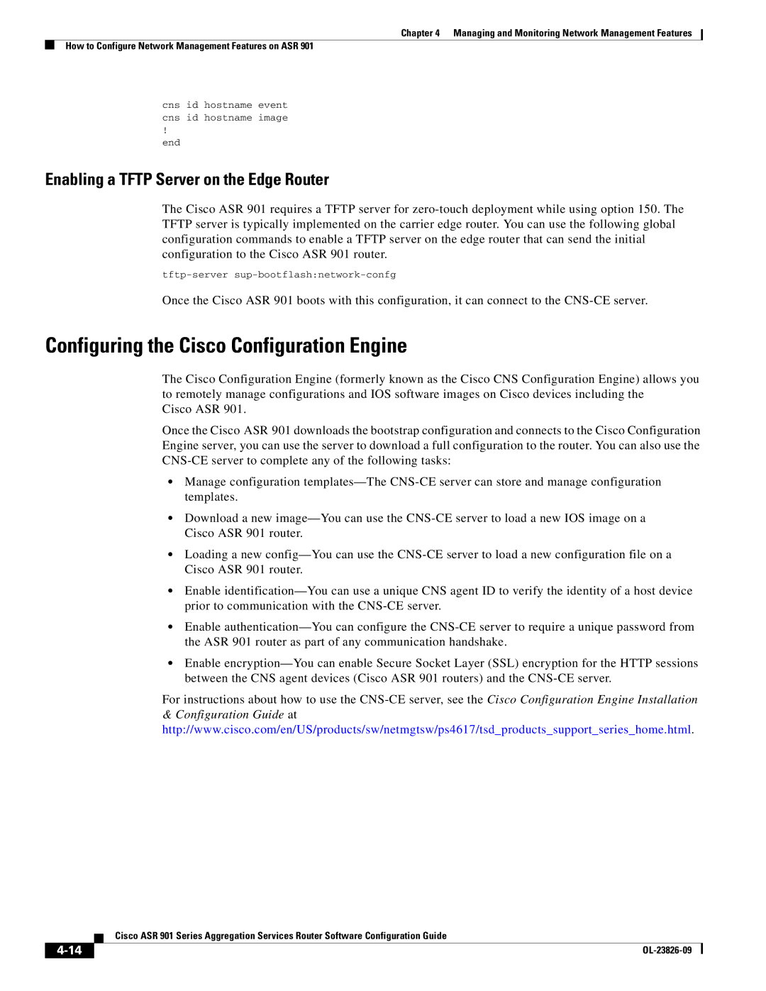 Cisco Systems A9014CFD manual Configuring the Cisco Configuration Engine, Enabling a Tftp Server on the Edge Router 