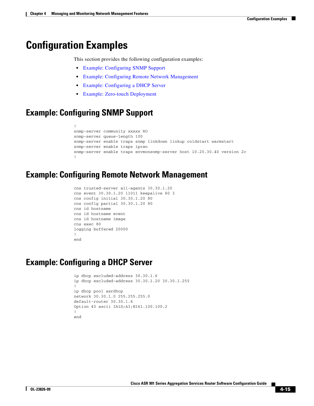 Cisco Systems A9014CFD manual Configuration Examples, Example Configuring Snmp Support, Example Configuring a Dhcp Server 