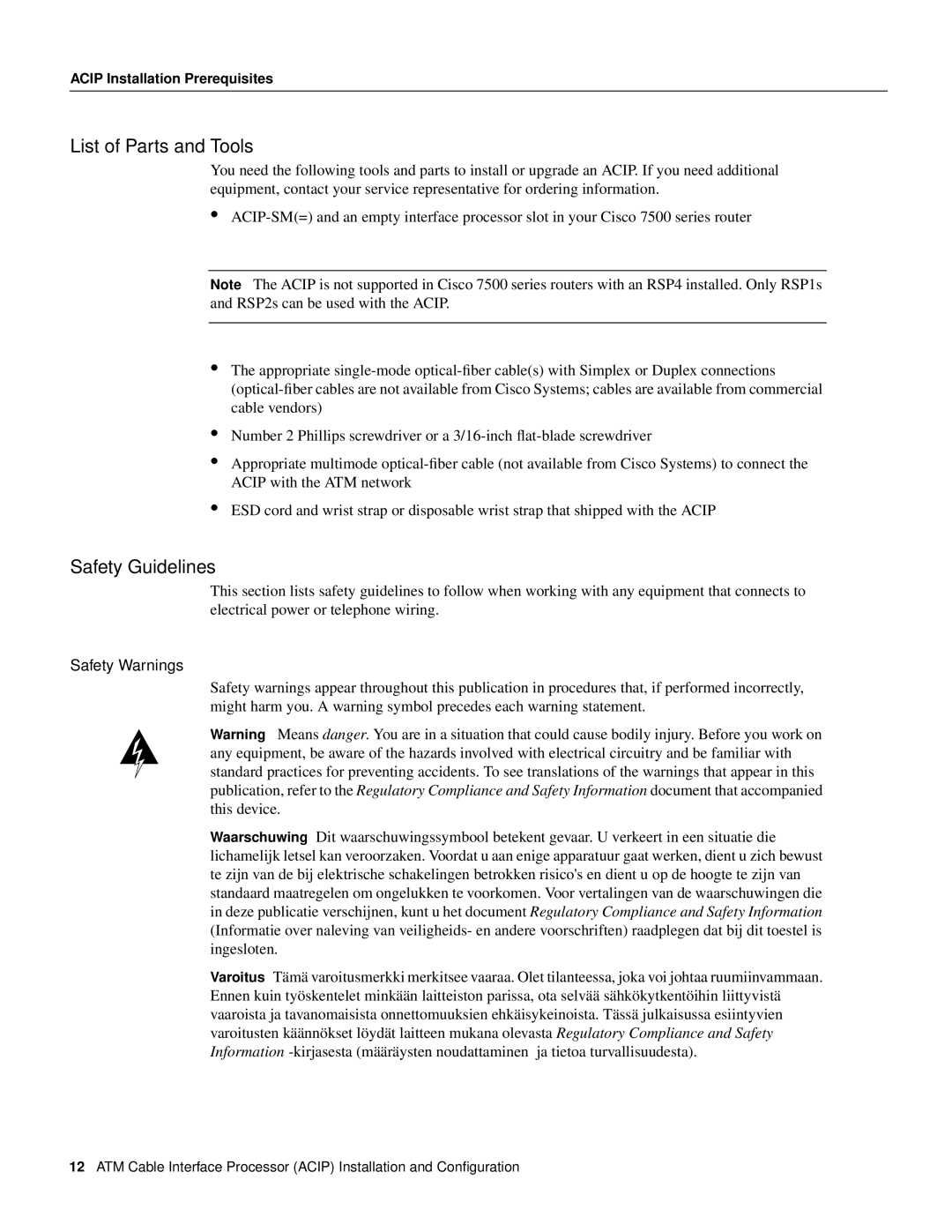 Cisco Systems ACIP-SM(=) manual List of Parts and Tools, Safety Guidelines, Safety Warnings 