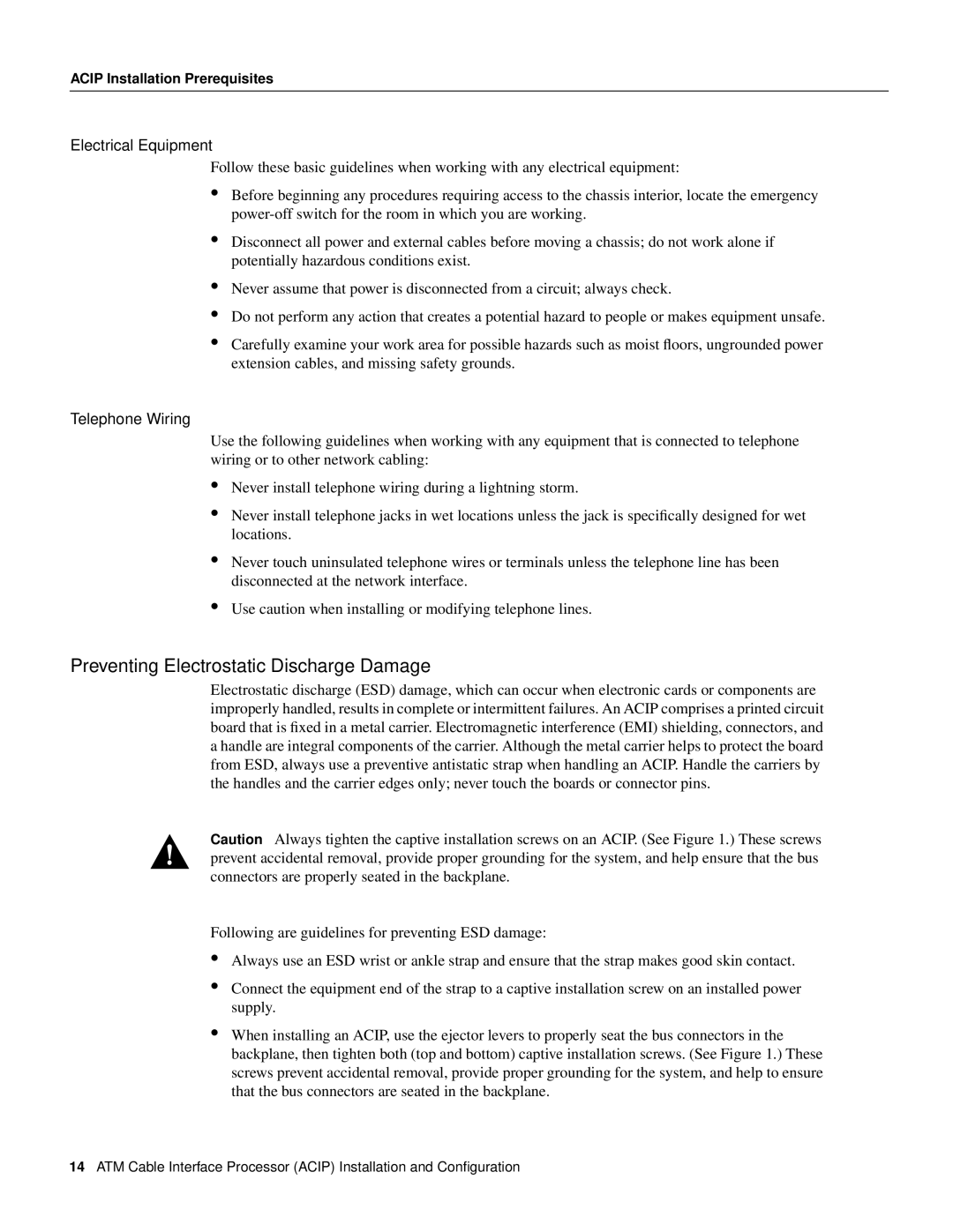 Cisco Systems ACIP-SM(=) manual Preventing Electrostatic Discharge Damage, Electrical Equipment, Telephone Wiring 