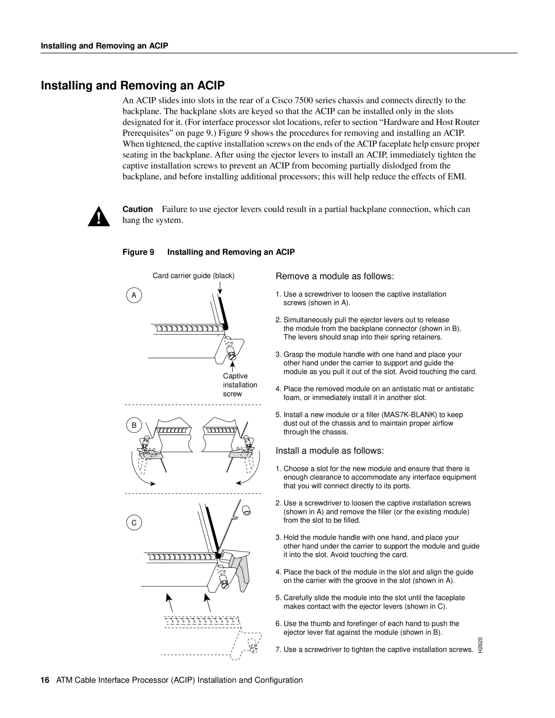 Cisco Systems ACIP-SM(=) manual Installing and Removing an Acip, Remove a module as follows, Install a module as follows 