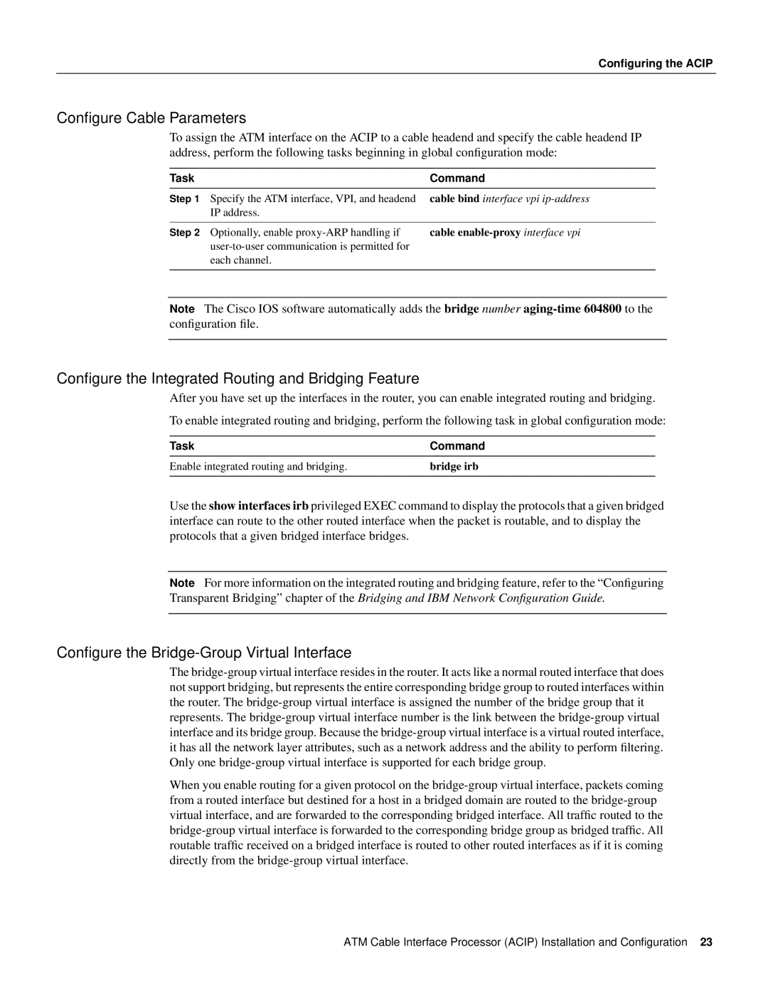 Cisco Systems ACIP-SM(=) manual Conﬁgure Cable Parameters, Conﬁgure the Integrated Routing and Bridging Feature 