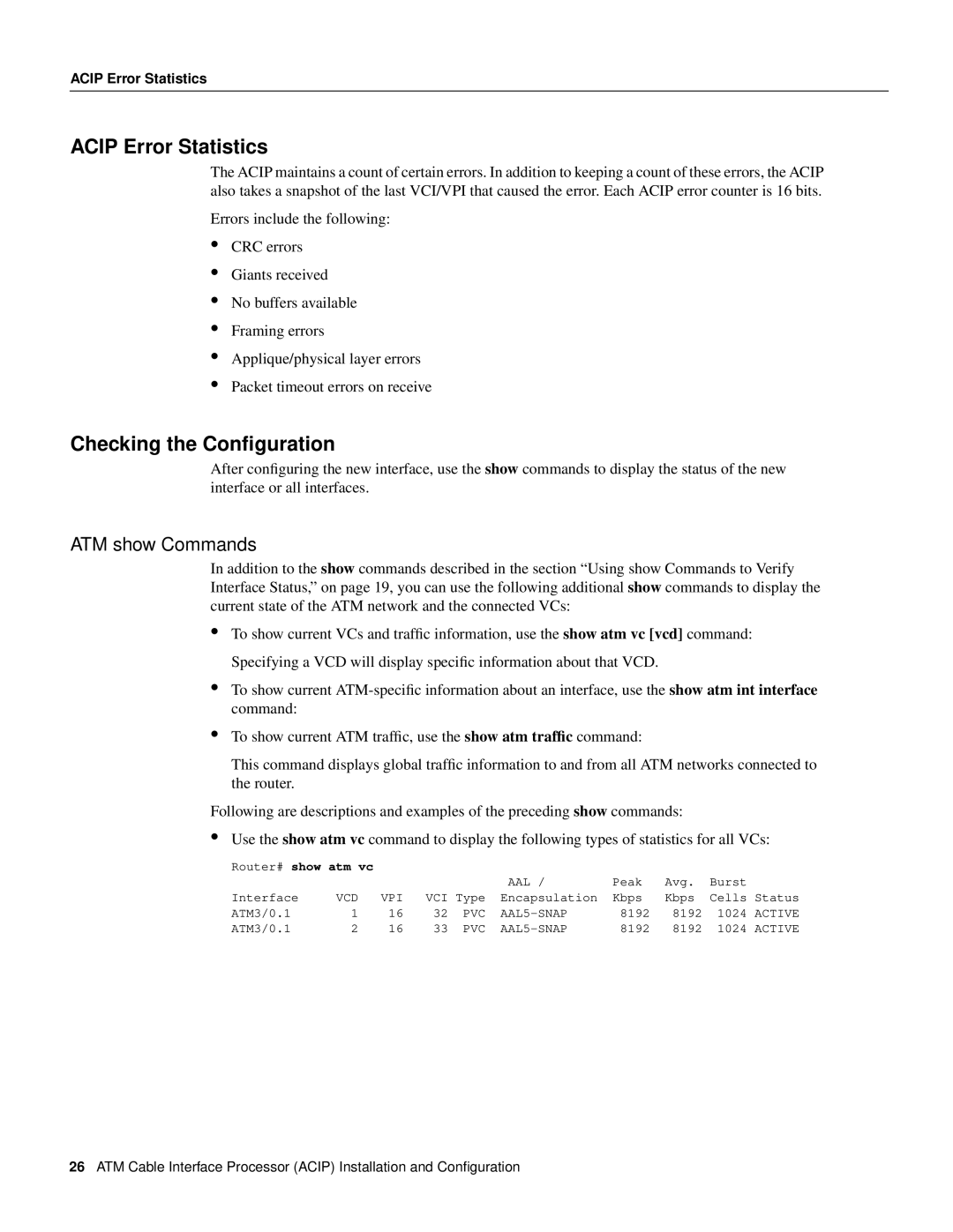 Cisco Systems ACIP-SM(=) manual Acip Error Statistics, Checking the Conﬁguration, ATM show Commands 