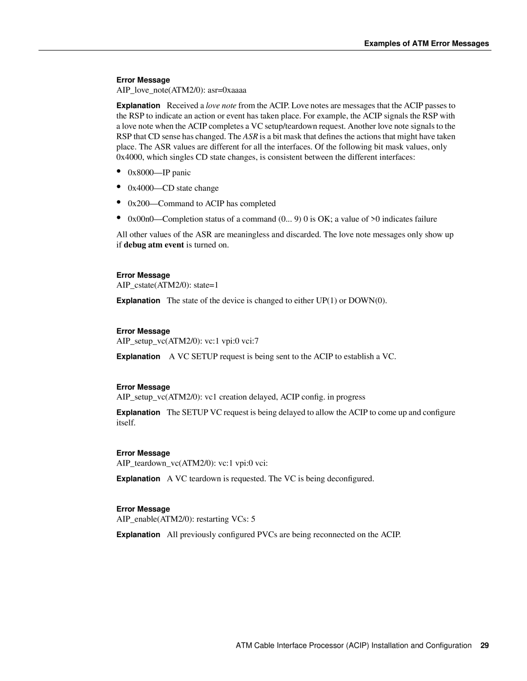 Cisco Systems ACIP-SM(=) manual Examples of ATM Error Messages 