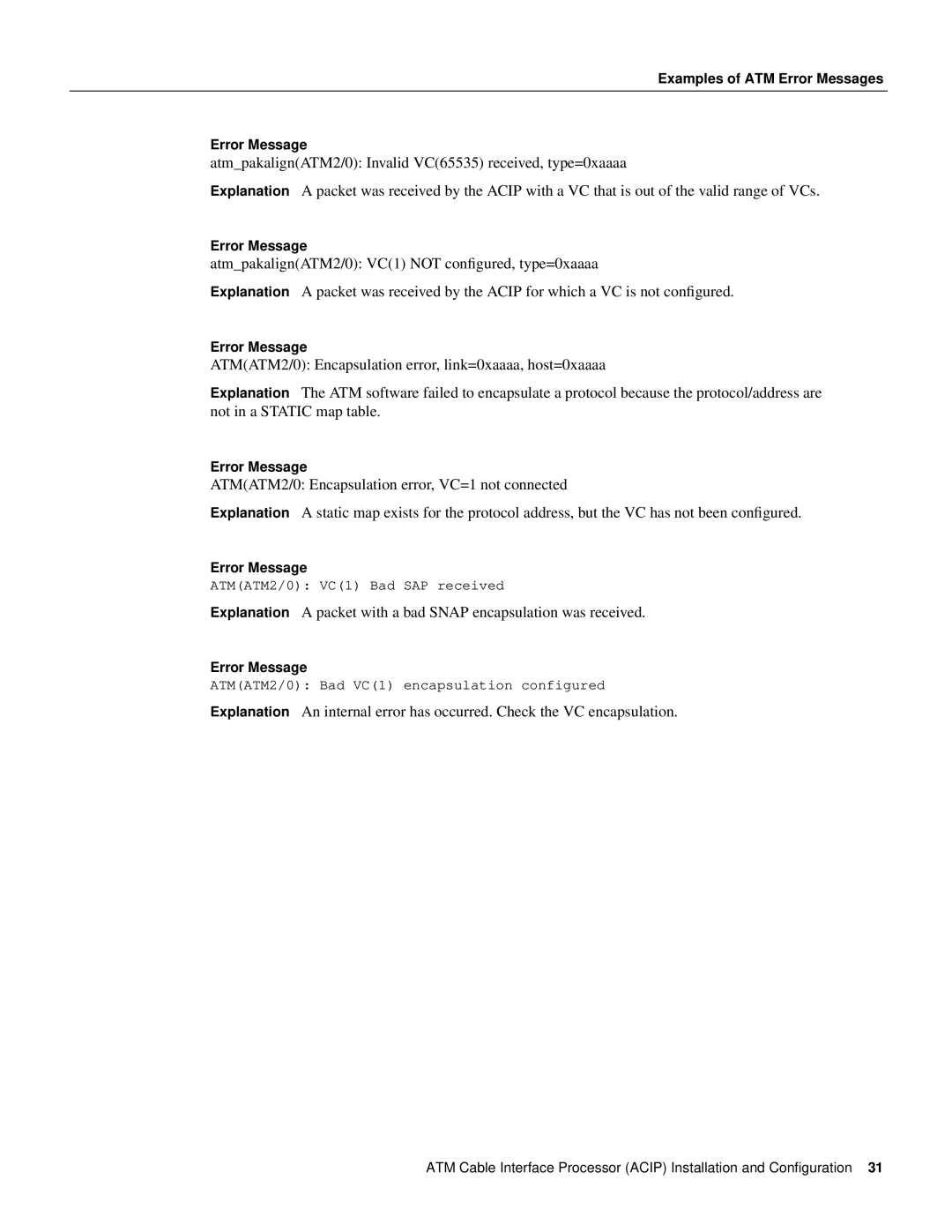 Cisco Systems ACIP-SM(=) manual ATMATM2/0 VC1 Bad SAP received 