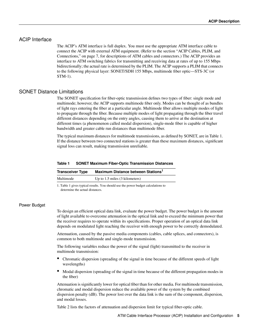 Cisco Systems ACIP-SM(=) manual Acip Interface, Sonet Distance Limitations, Power Budget 