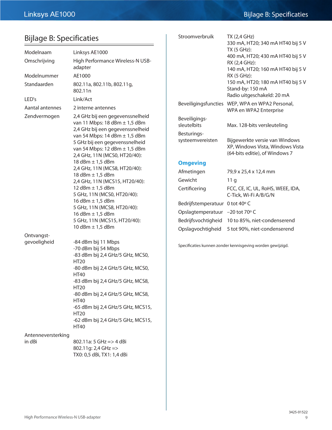 Cisco Systems AE1000 manual Bijlage B Specificaties 