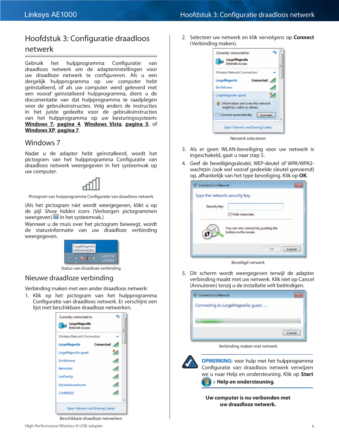 Cisco Systems AE1000 manual Hoofdstuk 3 Configuratie draadloos netwerk, Windows 