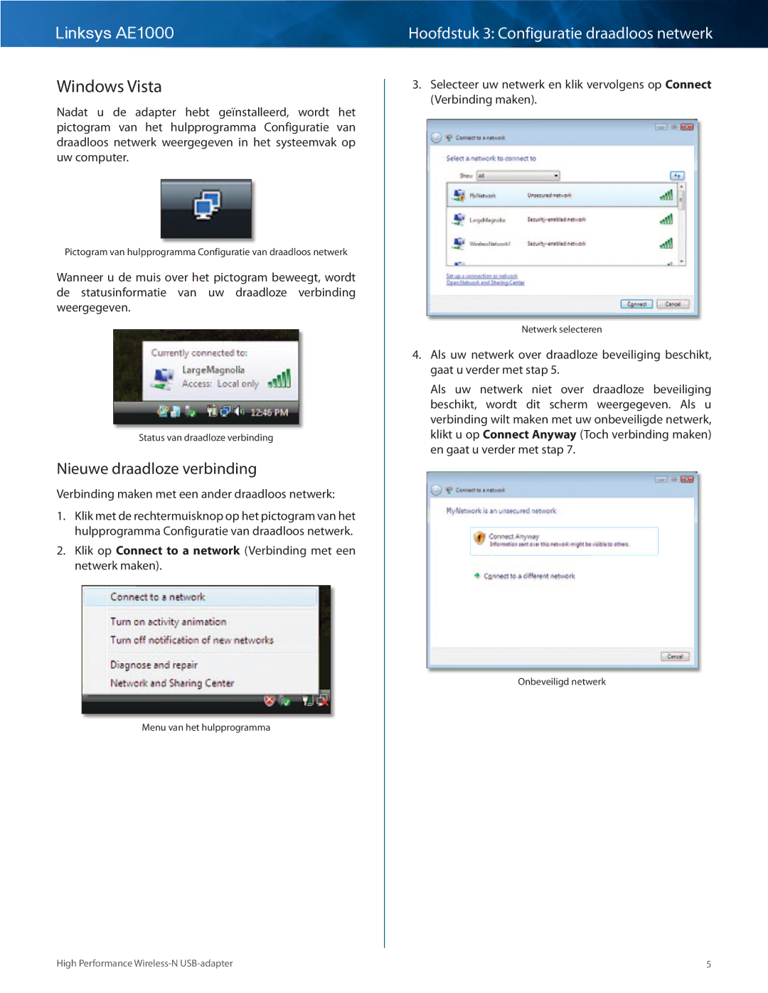 Cisco Systems AE1000 manual Windows Vista, Verbinding maken met een ander draadloos netwerk 